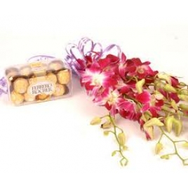Orchids Tied In A Bunch With 16 Pcs Ferrero Rocher Box